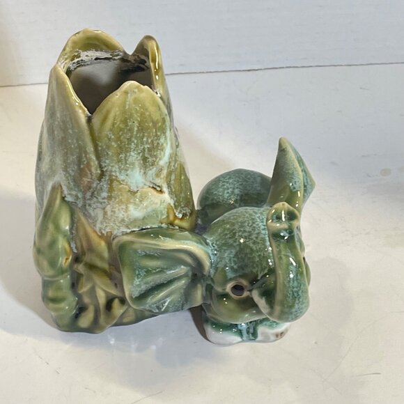Vintage Elephant & Lotus Planter/Holder Hand-Glazed Ceramic Green & Brown - Picture 8 of 11